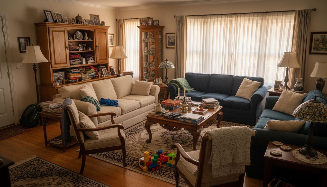 BEFORE: Room with old, dated furniture