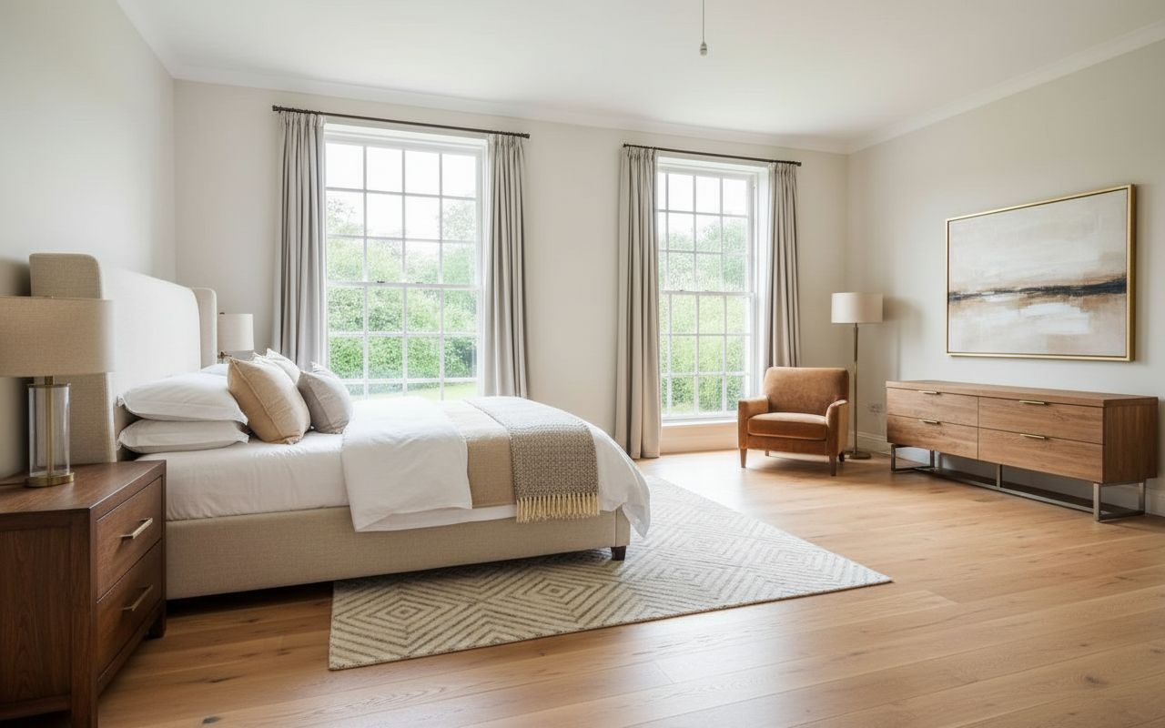 Staged as Modern American Bedroom